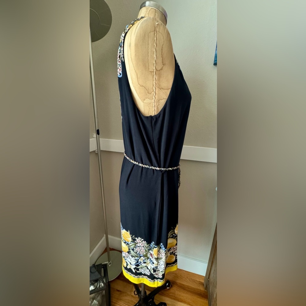 White House Black Market Black Halter Dress with Yellow Floral Trim NEW, Large - Picture 2 of 7